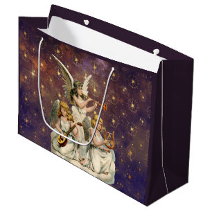 Sacola Para Presentes Grande Três anjos musicais contra o céu e estrelas roxo