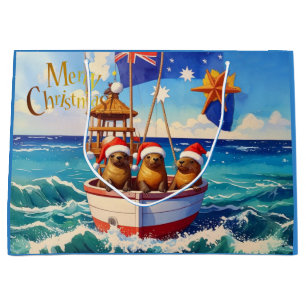 Sacola Para Presentes Grande Três focas com chapéus de Papai Noel Feliz Natal