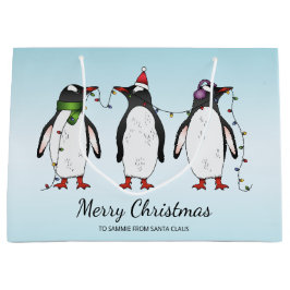 Sacola Para Presentes Grande Três Pinguins Festivos de Natal Com Texto Personal