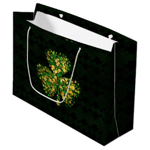 Sacola Para Presentes Grande Trevo irlandês decorativo - ouro e verde do trevo