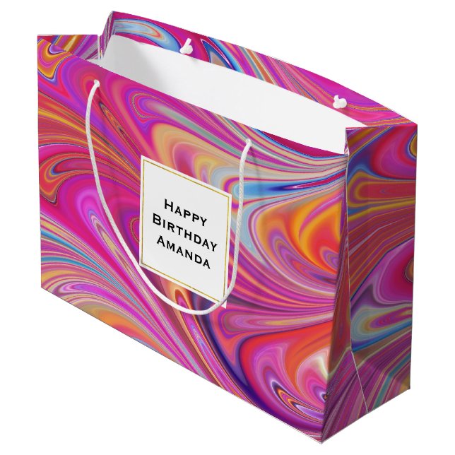 Sacola Para Presentes Grande Trippy Pink e Orange Swirly Design Birthday (Verso inclinado)