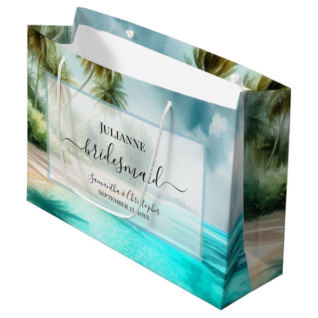 Sacola Para Presentes Grande Tropical Beach Watercolor Wedding Bridesmaid (Frente inclinada)