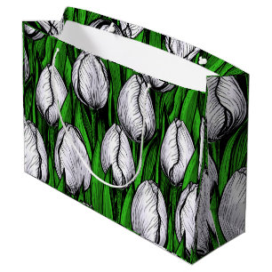 Sacola Para Presentes Grande Tulipas brancas com folhas verdes