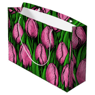 Sacola Para Presentes Grande Tulipas cor-de-rosa com folhas verdes