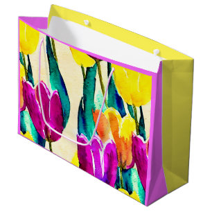 Sacola Para Presentes Grande Tulipas pintadas à mão com aquarela amarela rosa