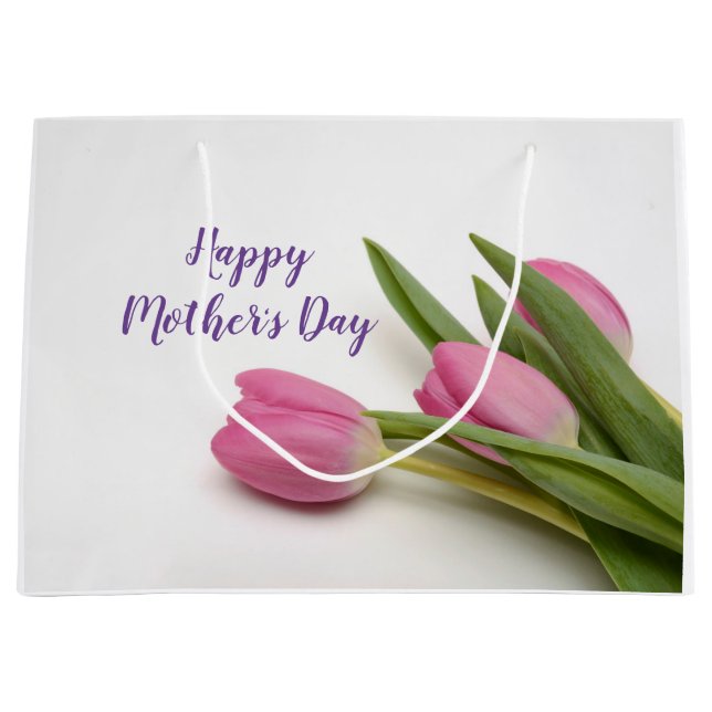 Sacola Para Presentes Grande Tulipas Rosa de Texto Personalizado (Frente)