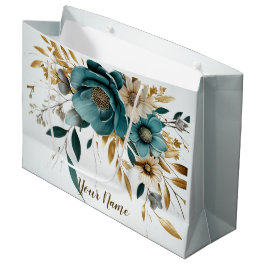 Sacola Para Presentes Grande Turquesa de festa Flor Branca Folhas Douradas Eleg