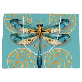 Sacola Para Presentes Grande Turquesa e Dragonfly Dourada
