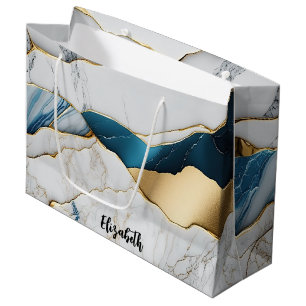 Sacola Para Presentes Grande Turquesa Mármore Pedra Branco Resfriado Dourado