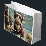 Sacola Para Presentes Grande Tuxedo Cat Christmas Vintage Beach<br><div class="desc">Traga o calor dos feriados para a costa com esta charmosa design inspirada na vintagem, apresentando um Gato festivo sentado numa praia de sereno. Com um clássico toque de feriado de tons nostálgicos e vibrações costeiras, esta trabalho de arte captura a magia do Natal pelo mar. Perfeito para espalhar alegria...</div>