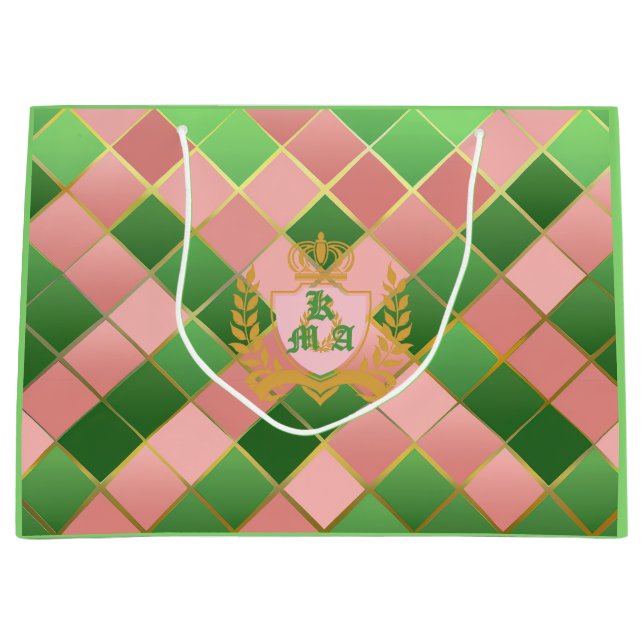 Sacola Para Presentes Grande Ultra Chic Preppy Pink Green Argyle Monogram Crest (Frente)
