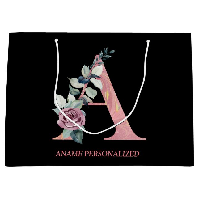 Sacola Para Presentes Grande Um Monograma Floral Letra Agata Rosa (Frente)