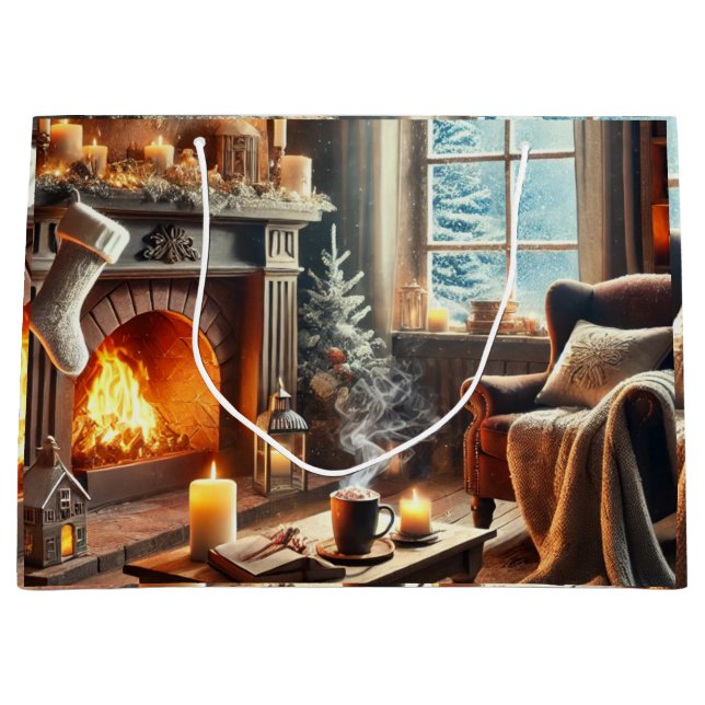 Sacola Para Presentes Grande Uma cena de inverno confortável perto da lareira q (Frente)