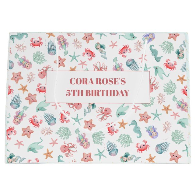 Sacola Para Presentes Grande Under the Sea Mermaid Girls Birthday Party (Frente)