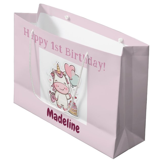 Sacola Para Presentes Grande Unicorn Gift Wrap, 1st Birthday Girl, Personalized (Frente inclinada)