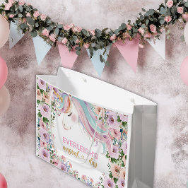 Sacola Para Presentes Grande Unicórnio Mágico Flor Rosa aniversário