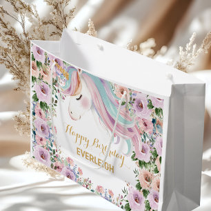 Sacola Para Presentes Grande Unicórnio Mágico Flor Roxa 1º aniversário