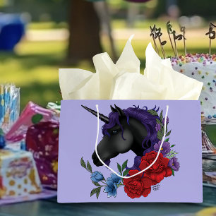 Sacola Para Presentes Grande Unicórnio Preto e Flores