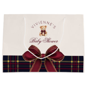 Sacola Para Presentes Grande Ursa de pelúcia laço vermelho dourado xadrez chá d