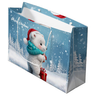 Sacola Para Presentes Grande Ursinho bonitinho com chapéu de Natal