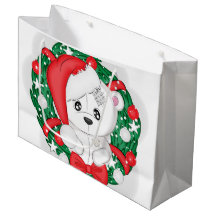 Urso Branco Fofo em Grinalda de Natal