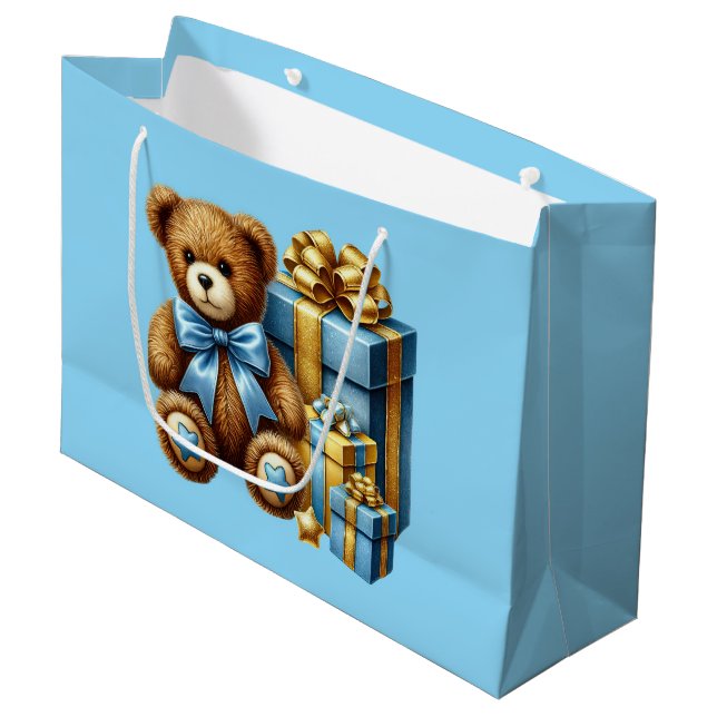 Sacola Para Presentes Grande Urso de pelúcia azul bebê (Frente inclinada)