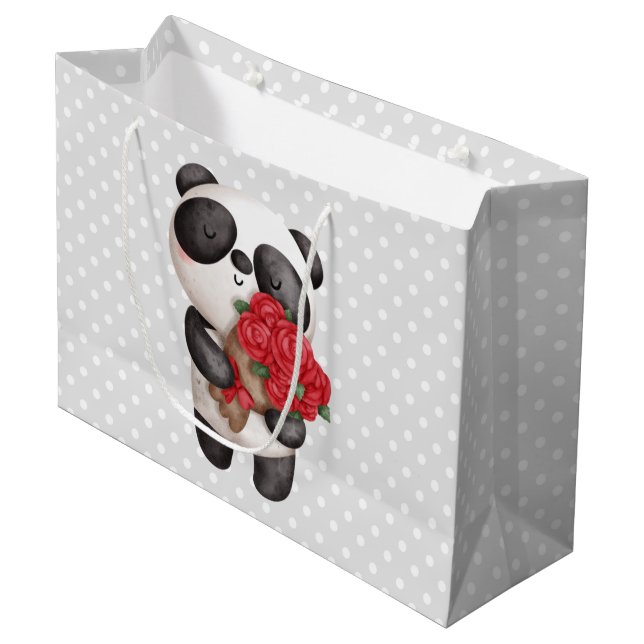 Sacola Para Presentes Grande Urso Panda Bonito com Rose Bouquet (Frente inclinada)