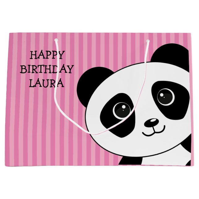 Sacola Para Presentes Grande Urso-Panda com Strips Rosa, Aniversário (Frente)