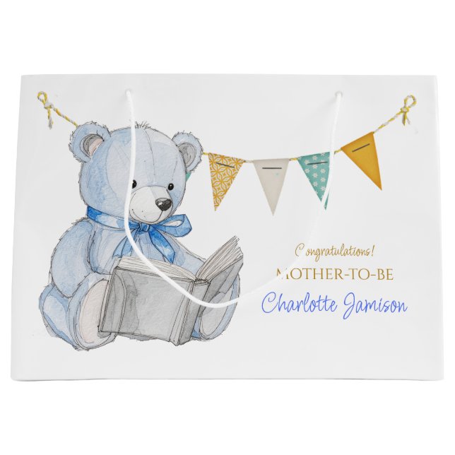 Sacola Para Presentes Grande Urso Personalizado lendo um Chá de fraldas de livr (Frente)