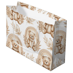 Sacola Para Presentes Grande Urso Teddy Boho Arco-íris Floral Neutro