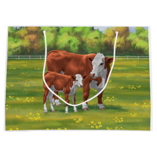Sacola Para Presentes Grande Vaca Angus Negra e Vitelo Negra em Pastagem de Ver