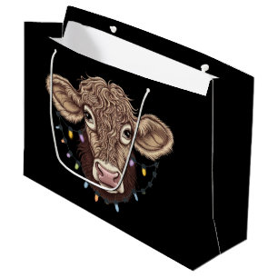 Sacola Para Presentes Grande Vaca de Natal Luz Fazenda Farmante Xmas
