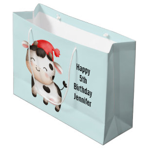 Sacola Para Presentes Grande Vaca feliz em um chapéu vermelho