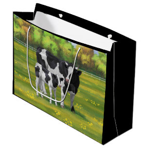 Sacola Para Presentes Grande Vaca Holstein e Vitelo-da-Feira na Pastagem de Ver