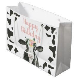 Sacola Para Presentes Grande Vaca Sagrada Sou Uma Floral Rosa e Estampa de Vaca