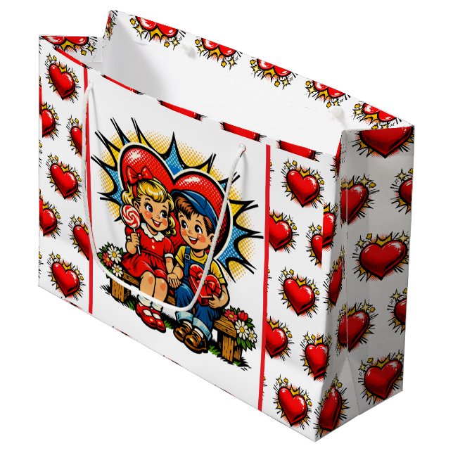 Sacola Para Presentes Grande Valentine's Day | Retro Pop Art Boy and Girl (Frente inclinada)