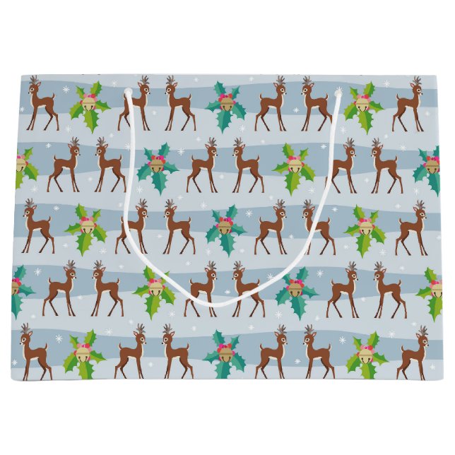 Sacola Para Presentes Grande Veado de Natal de inverno com Holly Retro Inspirad (Frente)