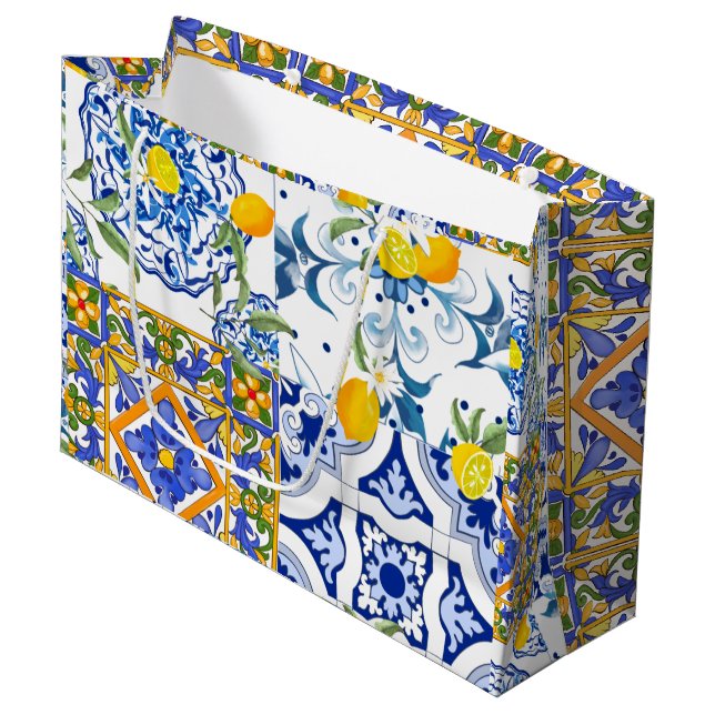 Sacola Para Presentes Grande Verão,azulejos portugueses,citrinos,    limõesGran (Frente inclinada)