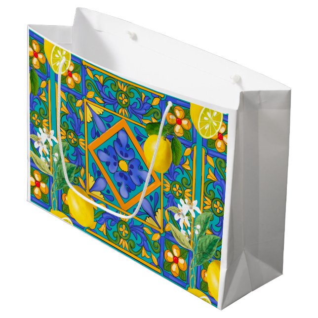 Sacola Para Presentes Grande Verão, azulejos sicilianos, citrinos, laranjas, ma (Frente inclinada)