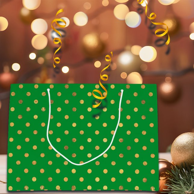 Sacola Para Presentes Grande Verde com pontos brilhantes Dourados (Criador carregado)