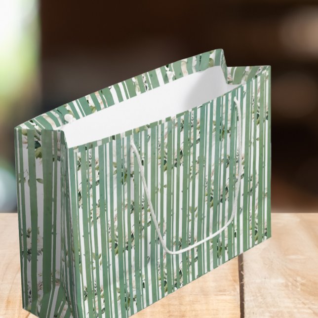 Sacola Para Presentes Grande Verde macio com flores brancas Saco do presente (Criador carregado)