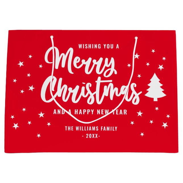 Sacola Para Presentes Grande Vermelho Branco Não Foto Sobrenome Feliz Natal (Frente)