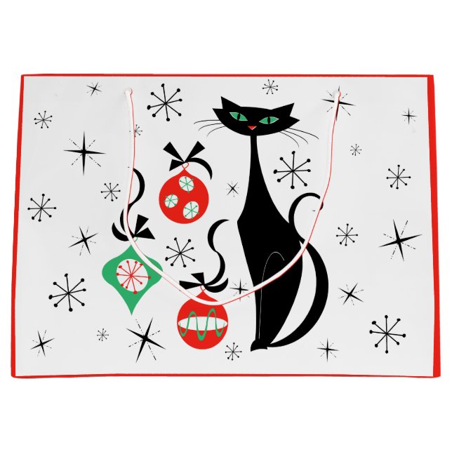 Sacola Para Presentes Grande Vermelho do Gato de Natal Retroativo (Frente)