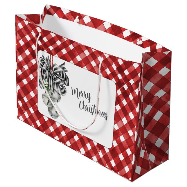 Sacola Para Presentes Grande Vermelho Rústico Gingham Noël (Verso inclinado)