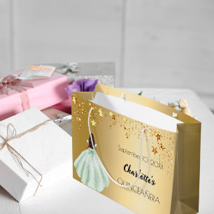 Sacola Para Presentes Grande Vestido verde das estrelas douradas da Quinceanera