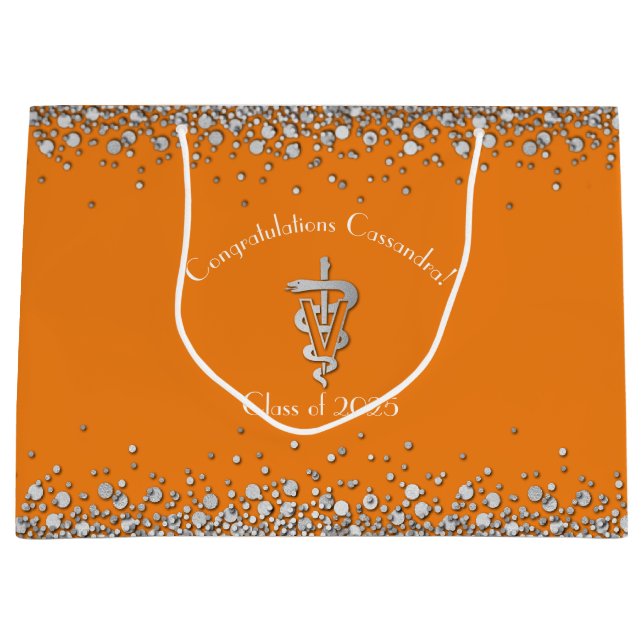 Sacola Para Presentes Grande Veterinarian Graduation Orange Silver (Frente)