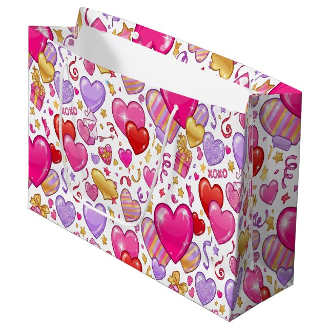 Sacola Para Presentes Grande Vibrant Confetti Hearts  (Frente inclinada)