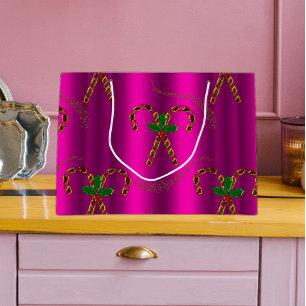 Sacola Para Presentes Grande Vibrante Rosa e Dourado Candy Cane Natal