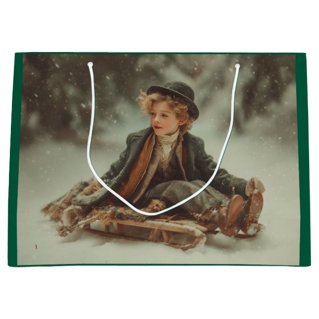 Sacola Para Presentes Grande Victorian Boy num Sled (Frente)