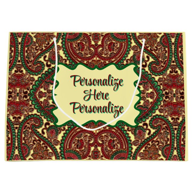 Sacola Para Presentes Grande Victorian paisley pattern elegant red green gold (Frente)